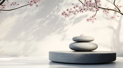 Serene Zen Garden: Stacked Stones and Cherry Blossoms