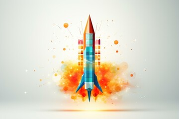 Fototapeta premium Low poly rocket launching and leaving a fire smoke trail, business startup concept