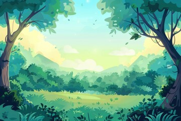 Fototapeta premium A Lush Green Forest Scene with a Mountain View and Sunlight Streaming Through the Trees