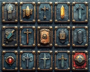3D RPG inventory icons featuring weapons potions armor and tools on textured wood leather and metal backgrounds