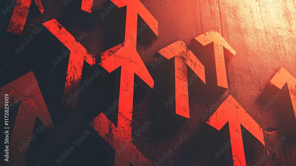 Poster dynamic red arrows pointing upwards against a textured dark background, symbolizing growth and progr