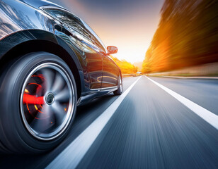 Car drives on a sunny road with green landscape scenery