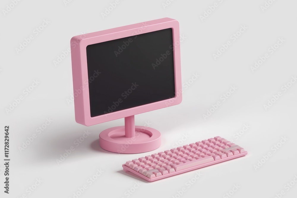 Aufkleber pink desktop computer with keyboard on white background