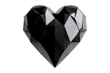 Geometric black heart with gold accents, angular patterns and smooth finish isolated on white transparent background. Concept of modern design and love