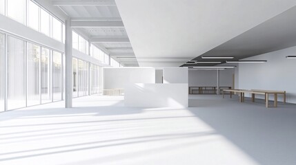 Modern white interior with minimalist design and ample natural light