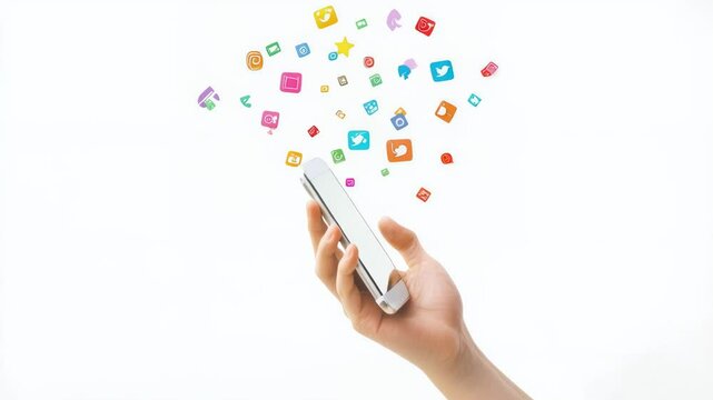 Floating social media icons above a smartphone held in a hand, illustrating the essence of mobile apps, communication, and marketing within today's digital landscape