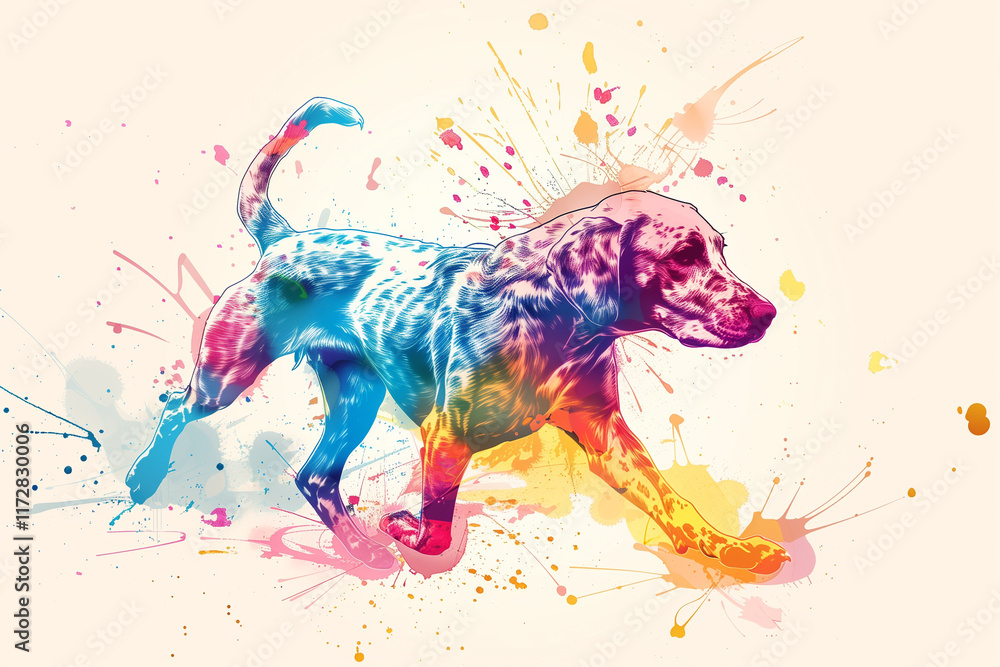 Poster a colorful line art of a dog with splashes of vivid colors creating a dynamic effect.