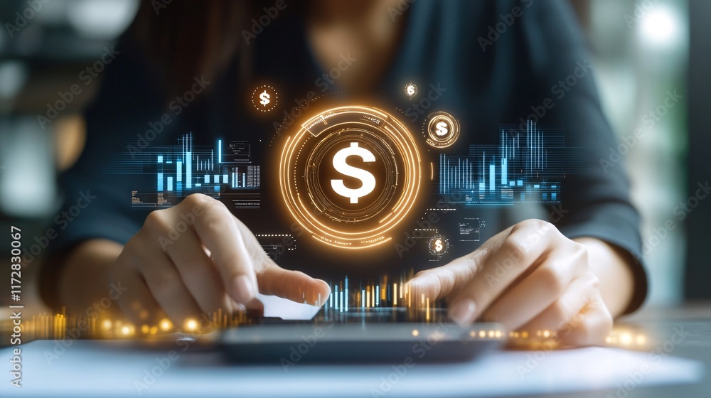 Poster a female business professional using a smartphone with digital financial data visualizations in the 
