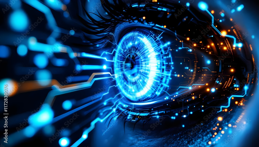 Poster cybernetic eye: futuristic digital iris with glowing circuitry and neural network connections. abstr