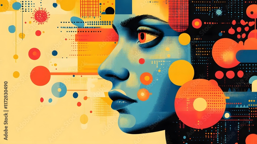 Poster a vibrant digital portrait blending human features with abstract technology elements. expressing con