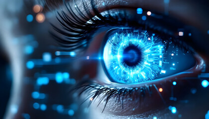 Cybernetic Eye: Futuristic Digital Iris with Glowing Circuitry and  Intricate Detail - Close-up High-Resolution Sci-Fi Image.  Bioluminescent Blue and Dark Tones. Abstract Technology Concept.