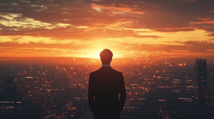 Fototapeta premium A young South Asian man in a suit gazes at a glowing sunset over a city skyline, symbolizing opportunity and innovation.