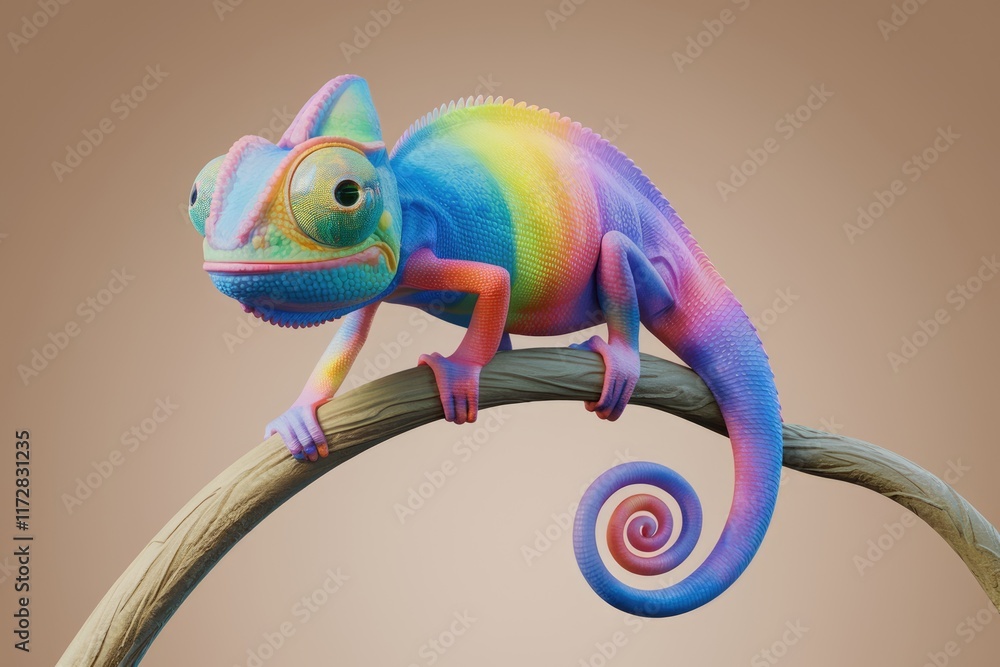 Poster A colorful chameleon perched on a branch  its tail curled in a spiral.