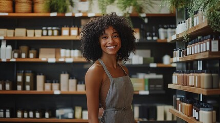 Smiling Black woman in an apron, surrounded by natural skincare products in a cozy store.