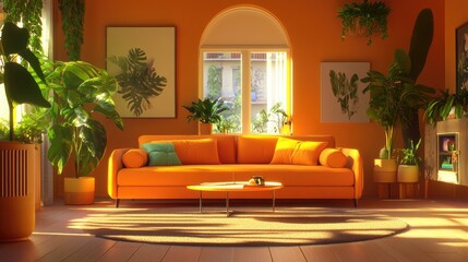 A D render of a bright, minimalist living room with a comfortable sofa and accents of greenery.