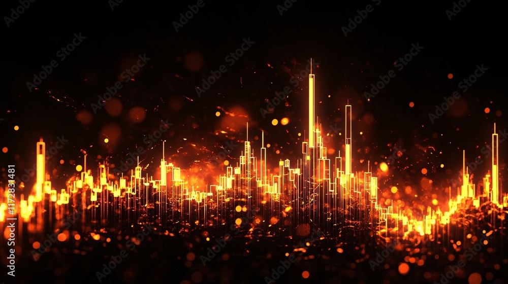 Poster abstract orange and gold sound wave visualization with glowing particles in a dark setting.