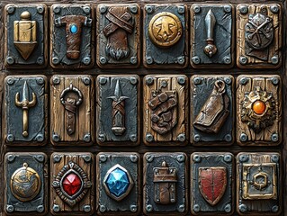 3D RPG inventory icons featuring weapons potions armor and tools on textured wood leather and metal backgrounds