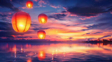 Bright Paper Lanterns Against the Twilight Sky