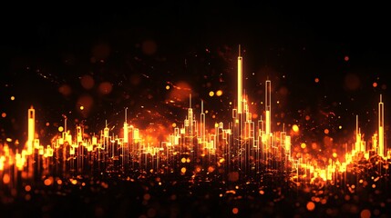 Abstract orange and gold sound wave visualization with glowing particles in a dark setting.