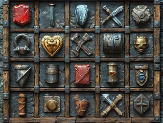 3D RPG inventory icons featuring weapons potions armor and tools on textured wood leather and metal backgrounds