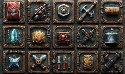 3D RPG inventory icons featuring weapons potions armor and tools on textured wood leather and metal backgrounds