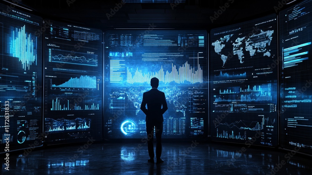 Poster a businessman observes dynamic data visualizations in a futuristic control room, illuminated by blue