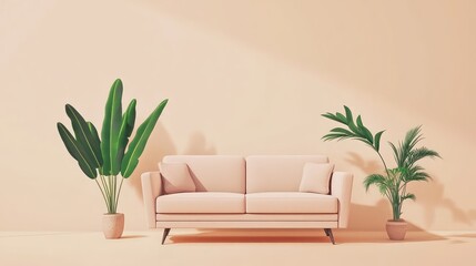 A bright, clutter-free minimalist living space with a neutral sofa and plants as the focal point.