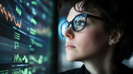 A focused young Caucasian woman with short dark hair and glasses analyzes financial data on a digital screen.