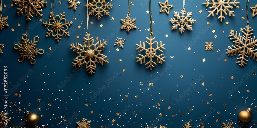 Poster an up-close perspective on golden snowflakes lying on a blue foreground with plenty of background co