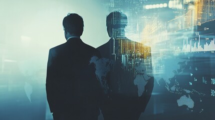 A male businessman in a suit, with a digital cityscape overlay, symbolizing innovation and global connectivity.