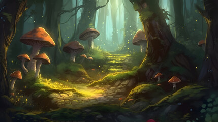 fantasy forest with mushrooms and rocks