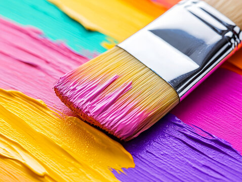 Close-Up of Paintbrush on Vibrant Multicolored Acrylic Paint Surface in Bright Artistic Style