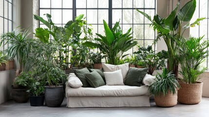 Fototapeta premium A bright minimalist living room featuring a cozy sofa and decorative potted plants.