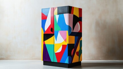 A brightly colored storage cabinet with geometric patterns, set against a plain white wall.
