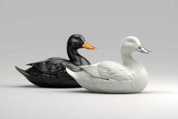 Obraz premium Two ducks one black and one white sit on a white background.