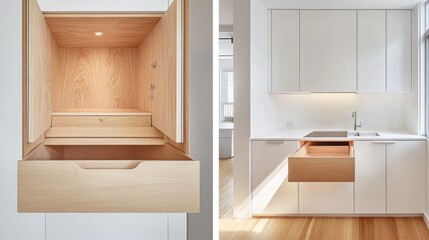 A built-in storage cabinet with hidden compartments in a modern, minimalist home.