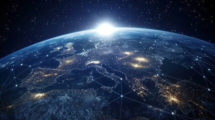 Obraz premium A breathtaking view of Earth from space at dawn, showcasing Europe’s vibrant lights under a starry sky.