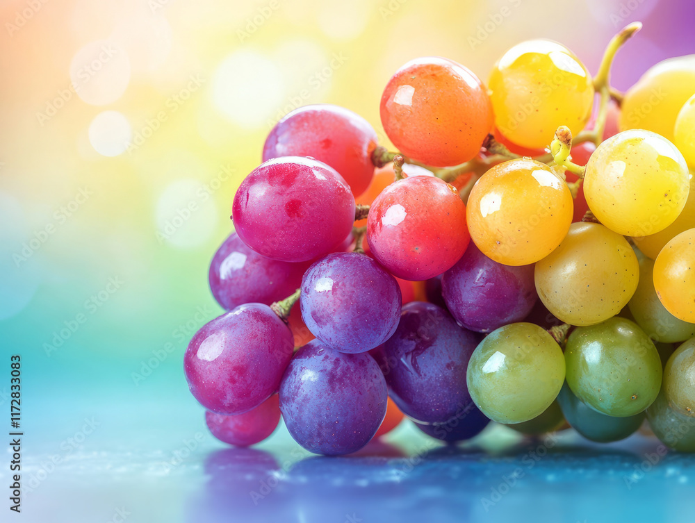 Poster colorful fresh grapes on bright background with bokeh effect and soft light