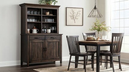 Fototapeta premium A classic, dark wood storage cabinet in a traditional dining room with elegant decor.