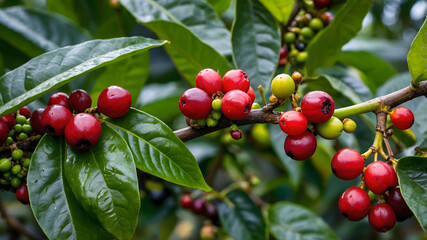 Coffee berries and green leaves make a vibrant coffee plant macro shot, ideal for coffee-related designs