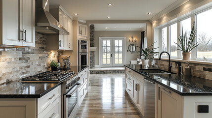Modern kitchen with island, fireplace, patio doors, countryside view