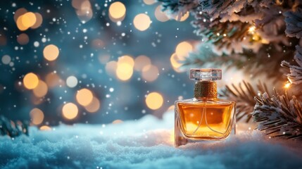 Amber perfume bottle in snowy winter scene with bokeh lights.