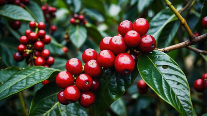 Ripe coffee cherries against vibrant green leaves, suitable for coffee plantation, agriculture, and botanical themes in design and marketing
