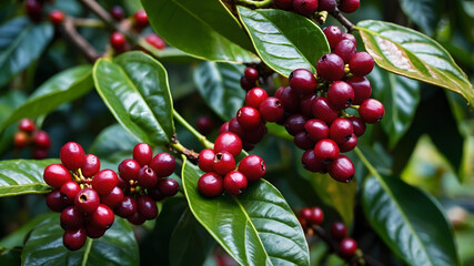 Obraz premium Ripe coffee cherries against vibrant green leaves, suitable for coffee plantation, agriculture, and botanical themes in design and marketing