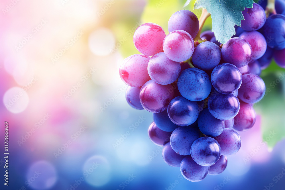 Poster fresh purple grapes growing on vine with soft light reflection and bokeh background