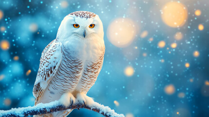 Majestic Snowy Owl Perched on Branch During Snowfall in Enchanting Winter Wonderland Scene