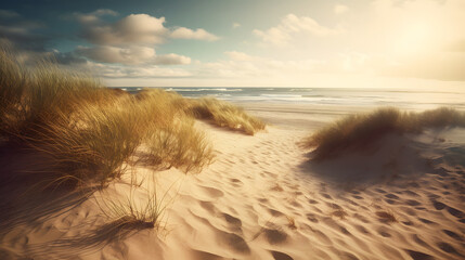 a sandy beach with grass and sand dunes