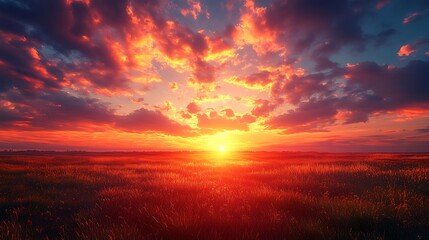 Fototapeta premium Fiery Sunset Over Grassland Field Landscape
