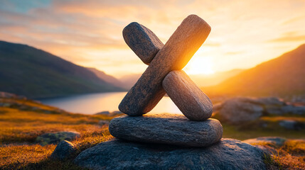 Tranquil Sunrise Over Balanced Stones on Peaceful Meadow Landscape in Nature's Serenity