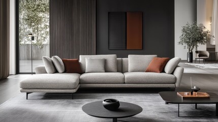 A contemporary living room with a modern fabric sofa, accent pillows, and subtle pops of color.